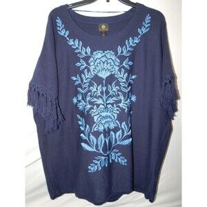 JM Collection Women's Sz XL Embroidered Fringe-Trim Poncho Top, Exclusive 79.50